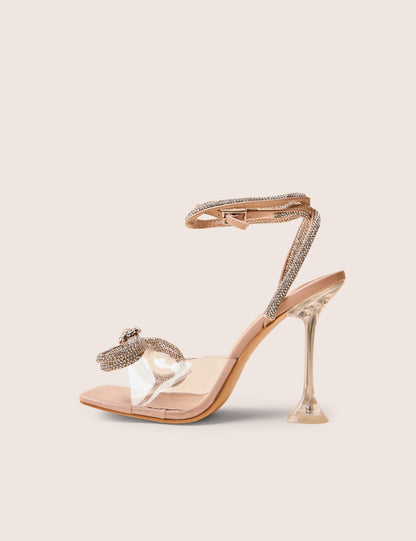 Glimmer Nude Wrap Around Diamante Bow Square Toe Heels