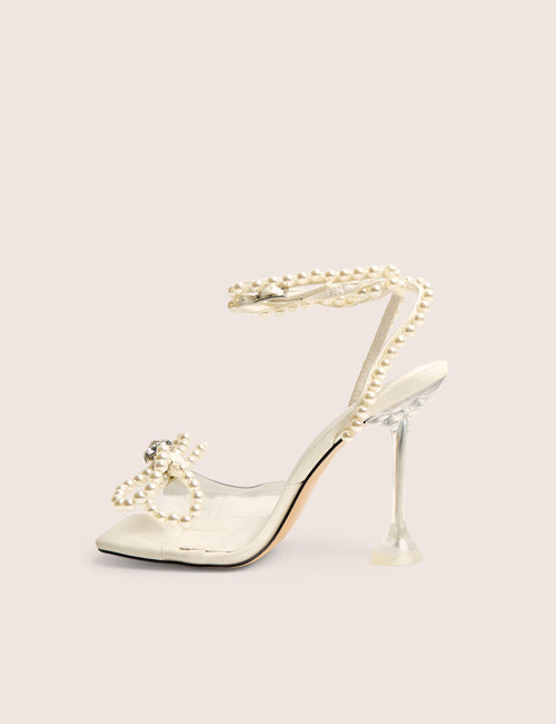Glimmer White Wide Fit Wrap Around Pearl Square Toe Cake Stand Heels