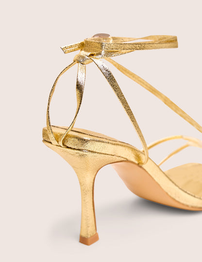 Clover Gold Metallic Square Toe Wrap Around Mid Heels