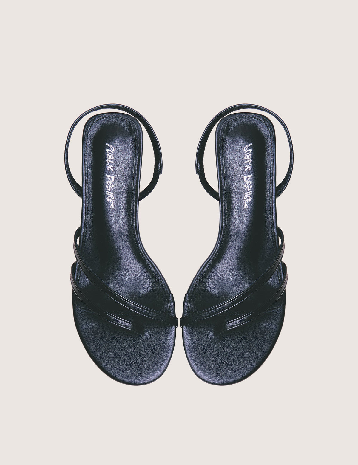 Helios Black Pu Asymmetric Toe Strap Sling Back Mid Heels