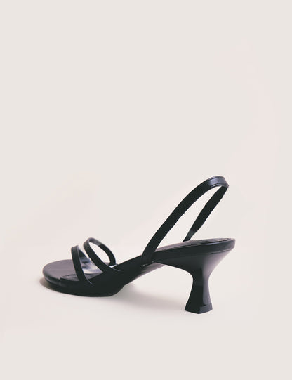 Helios Black Pu Asymmetric Toe Strap Sling Back Mid Heels