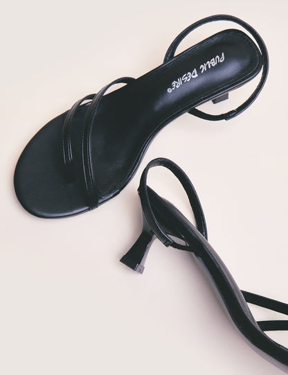 Helios Black Pu Asymmetric Toe Strap Sling Back Mid Heels