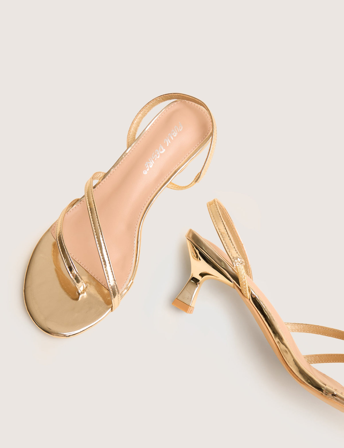 Helios Gold Mirror Pu Asymmetric Toe Strap Sling Back Mid Heels