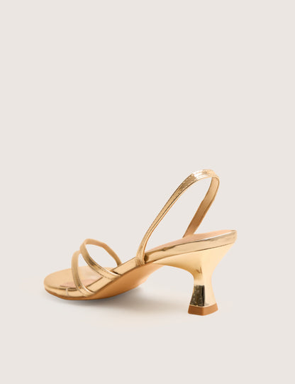 Helios Gold Mirror Pu Asymmetric Toe Strap Sling Back Mid Heels