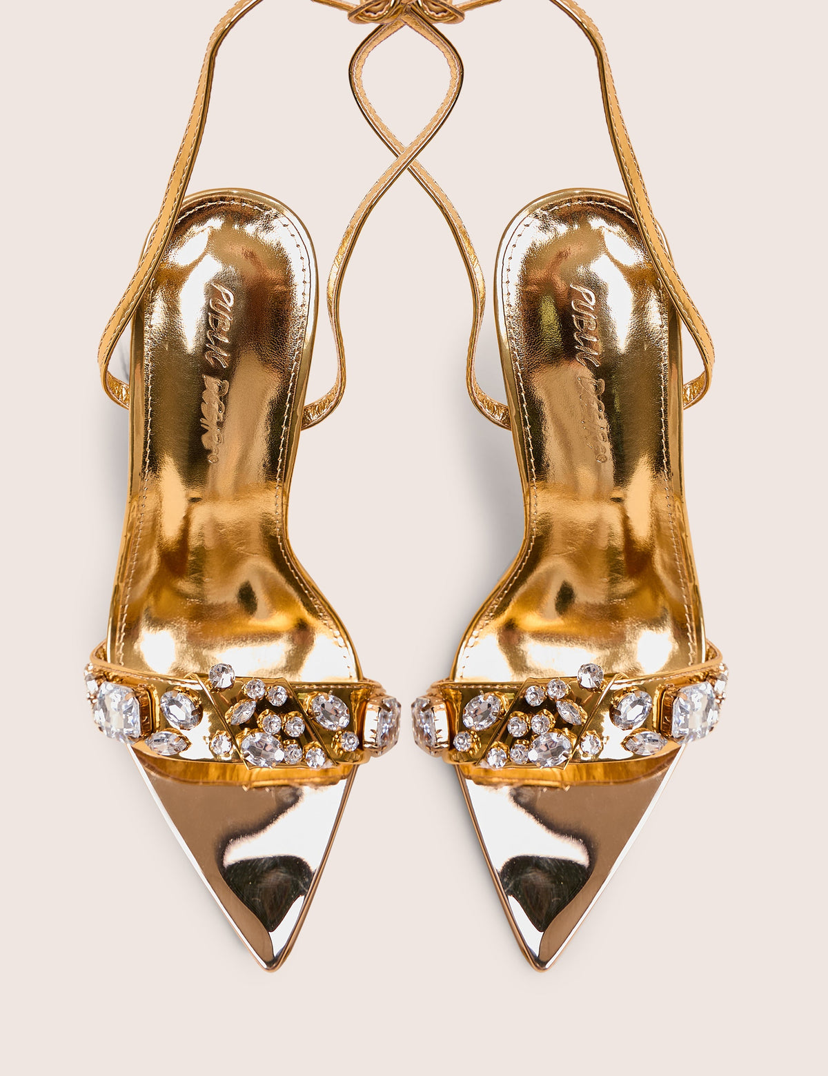 Icicle Gold Metallic Patent Extreme Jeweled Ankle Strap Pointed Toe Stiletto Heels