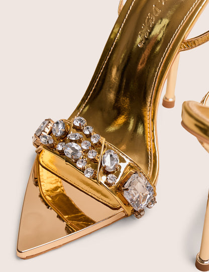 Icicle Gold Metallic Patent Extreme Jeweled Ankle Strap Pointed Toe Stiletto Heels