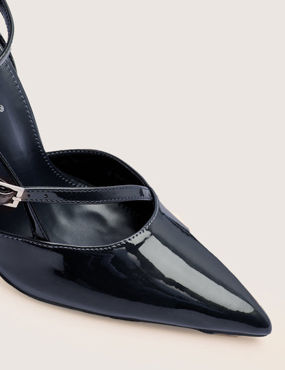 Idol Navy Patent Buckle Strappy Detail Stiletto Court High Heels