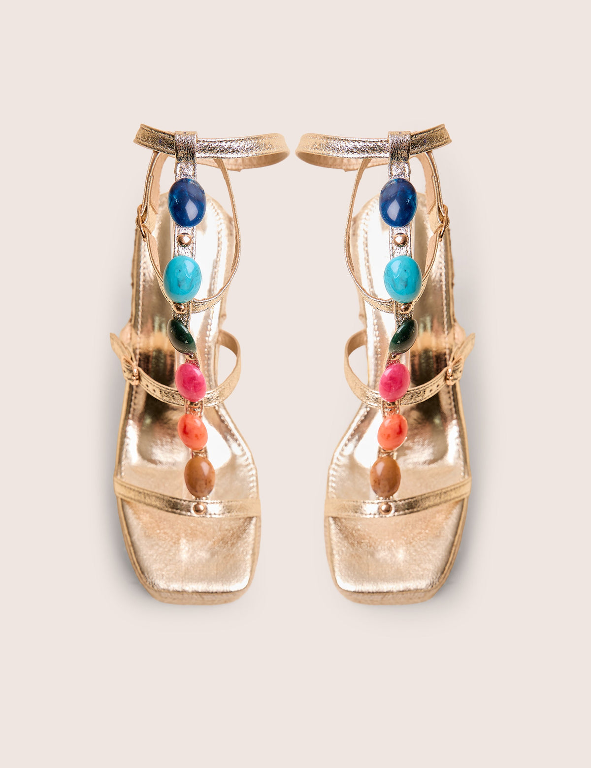 Iliana Cracked Gold Pu Beaded Trim Strappy Jute Wedges