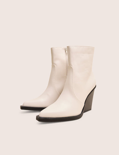 Jessie Wide Fit White Pu Western Pointed Toe Block Heeled Ankle Boots