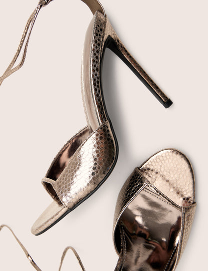 Kalisto Pewter Tie Wrap Around Mule Heels