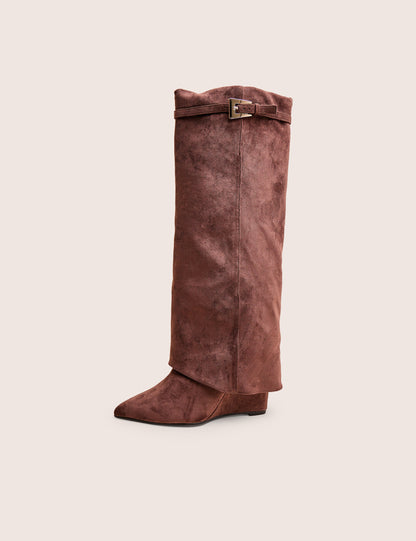 Kola Brown Fold Over Buckle Detail Heeled Boots
