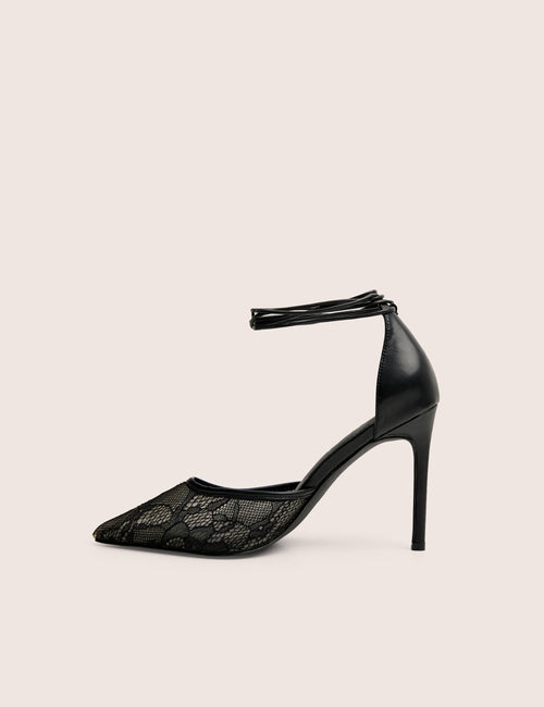 Laced Up Black Lace Wrap Around Pointed Toe Heels