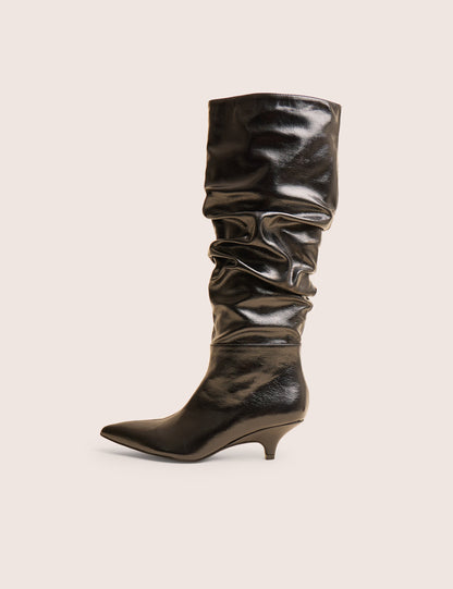 La Dolce Vita Black Ruched Kitten Heel Knee High Boots
