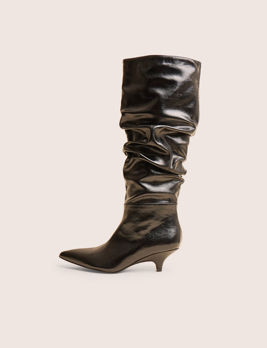 La Dolce Vita Black Ruched Kitten Heel Knee High Boots