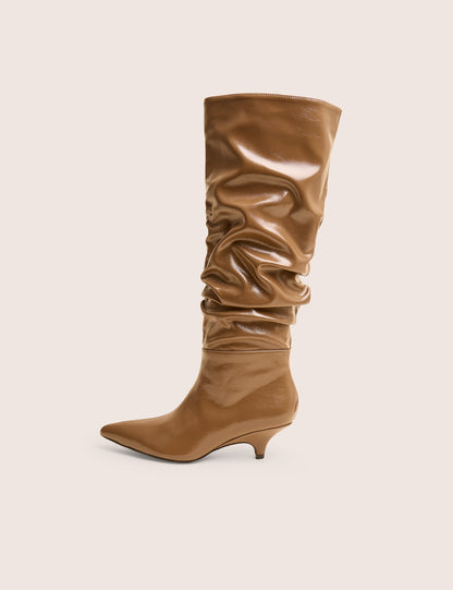 La Dolce Vita Taupe Ruched Kitten Heel Knee High Boots