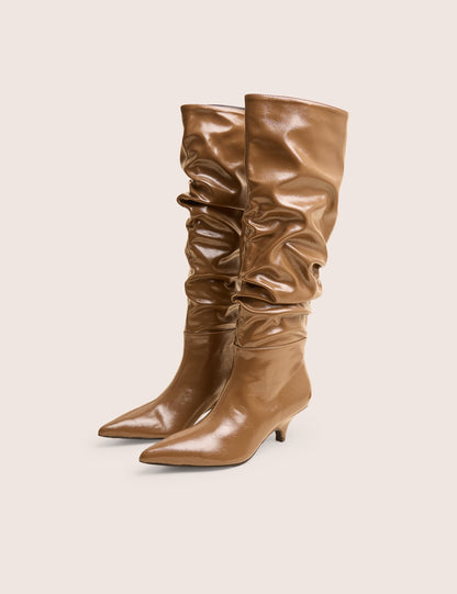 La Dolce Vita Taupe Ruched Kitten Heel Knee High Boots