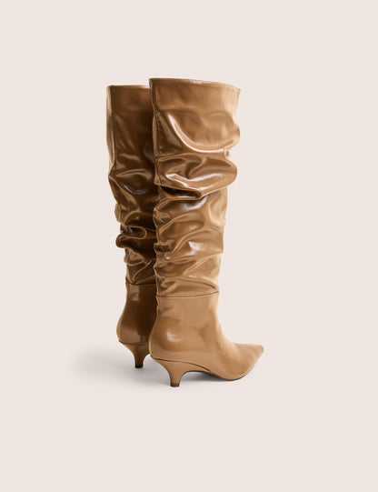 La Dolce Vita Taupe Ruched Kitten Heel Knee High Boots