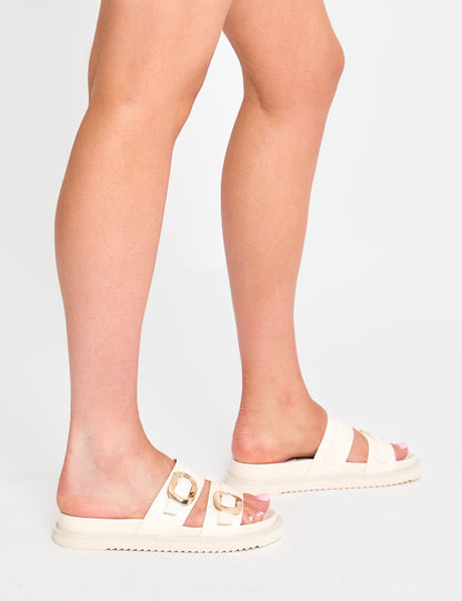 Lapis Cream Pu Buckle Detail Double Strap Slider Sandals