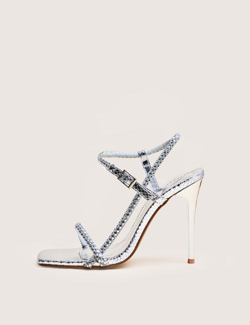 Last Night Silver Snake Pu Diamante Strap Stiletto High Heels