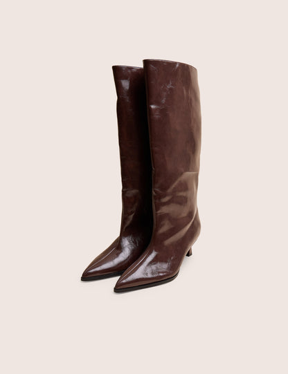 Lola Brown Kitten Heel Knee High Boots