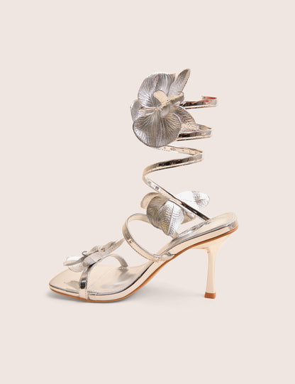 Lotus Silver Mirror & Silver Flower Trim Wrap Around Flared Stiletto High Heels