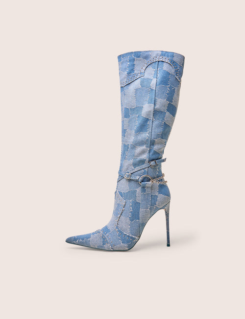 Main Character Embellished Denim Patchwork Pointed Toe Stiletto Boots