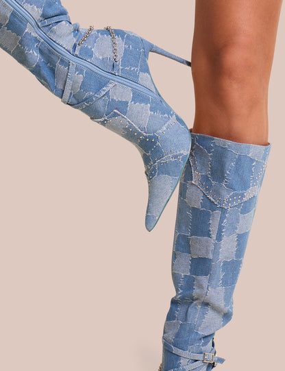 Main Character Embellished Denim Patchwork Pointed Toe Stiletto Boots