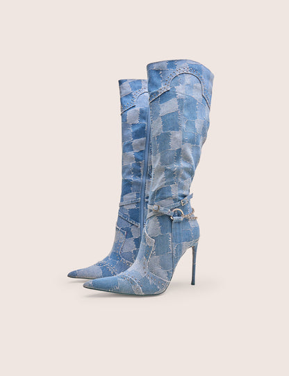 Main Character Embellished Denim Patchwork Pointed Toe Stiletto Boots
