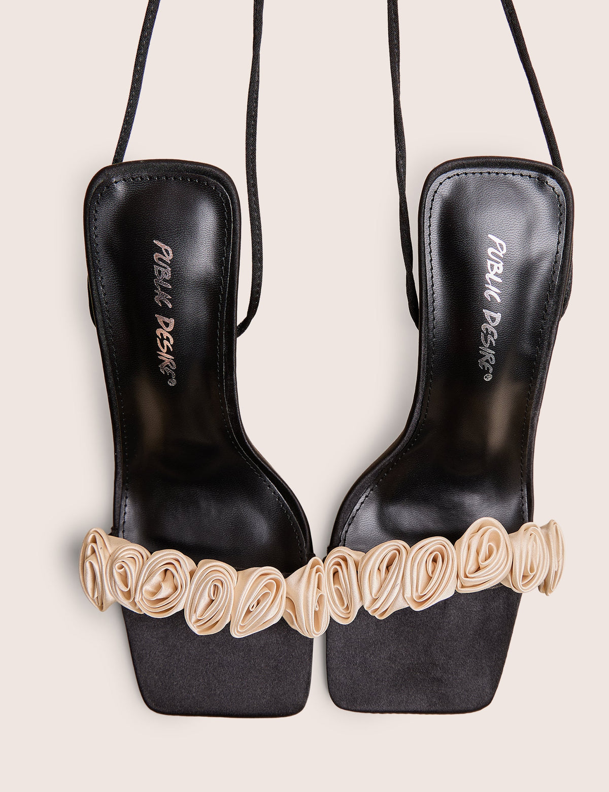 Marigold Black Satin Cream Rose Detail Lace Up Heels