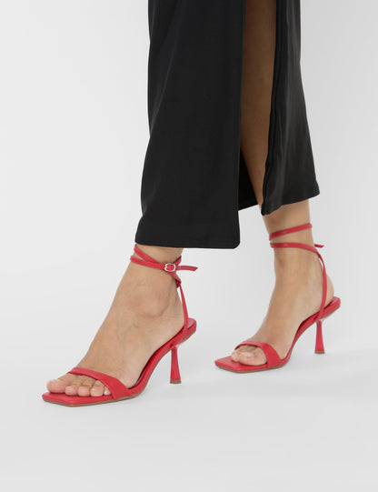 Mawu Red Pu Strappy Barely There Mid Heels