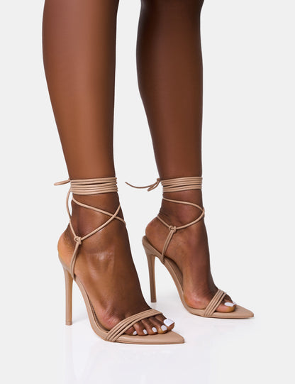 Merlot Nude Lace Up Wrap Around Pointed Toe Stiletto Heels
