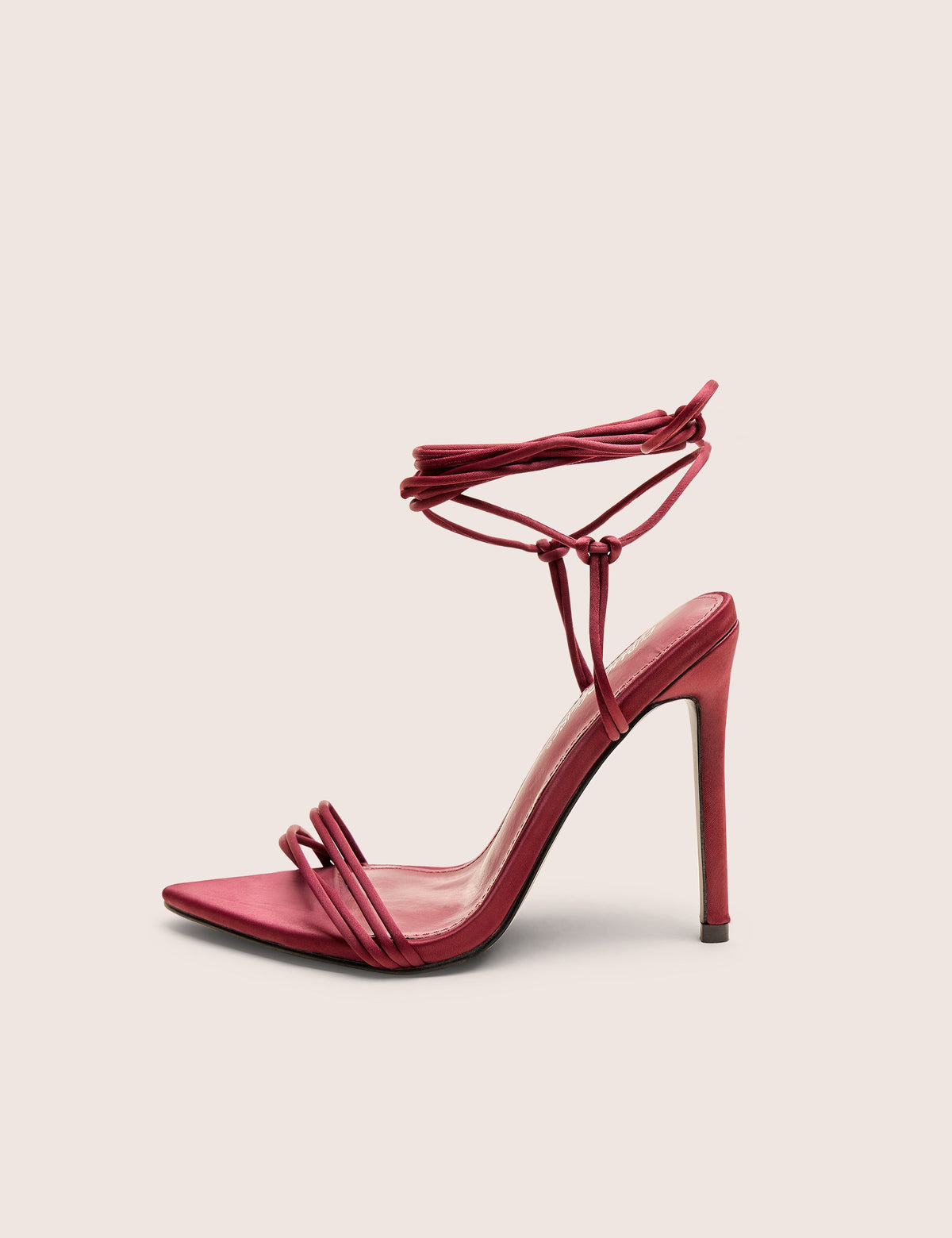 Merlot Burgundy Satin Lace Up Wrap Around Pointed Toe Stiletto Heels