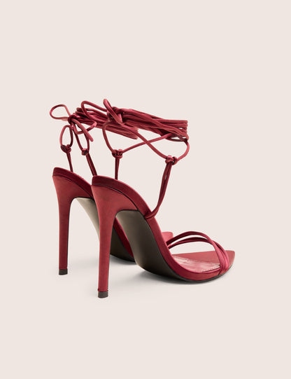 Merlot Burgundy Satin Lace Up Wrap Around Pointed Toe Stiletto Heels