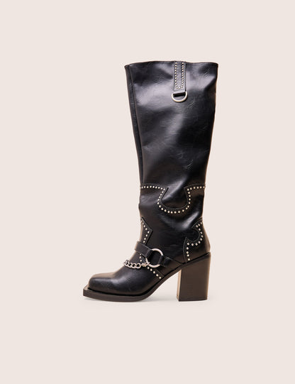 Nashville Wide Fit Black Western Studded Block Heel Knee High Boot