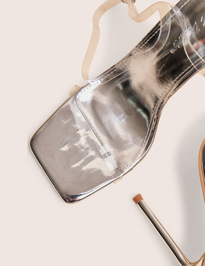 Rya Silver Mirror Square Toe Strappy Barely There Stiletto High Heels