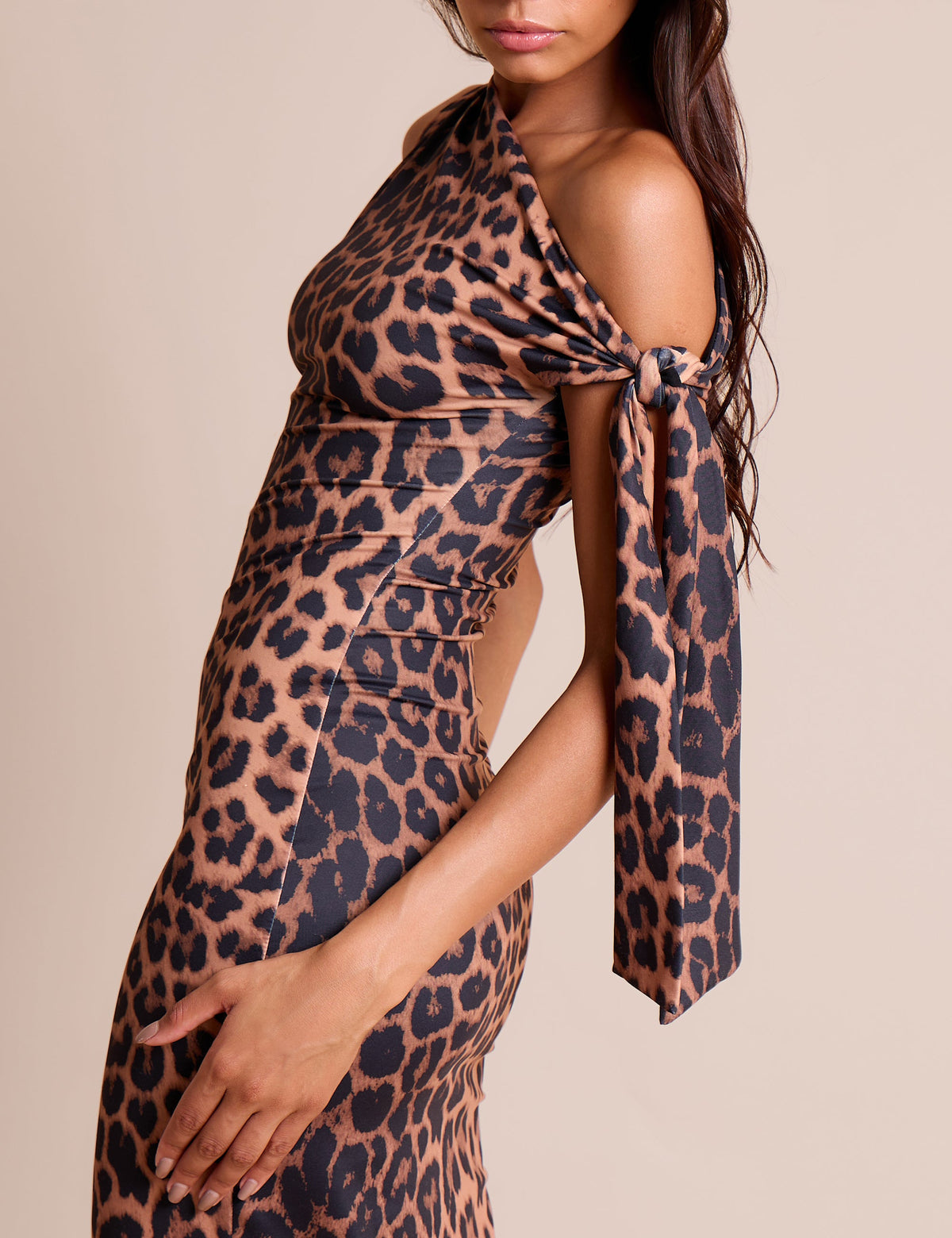 Knot Detail Asymmetric One Shoulder Luxe Slinky Maxi Dress Leopard