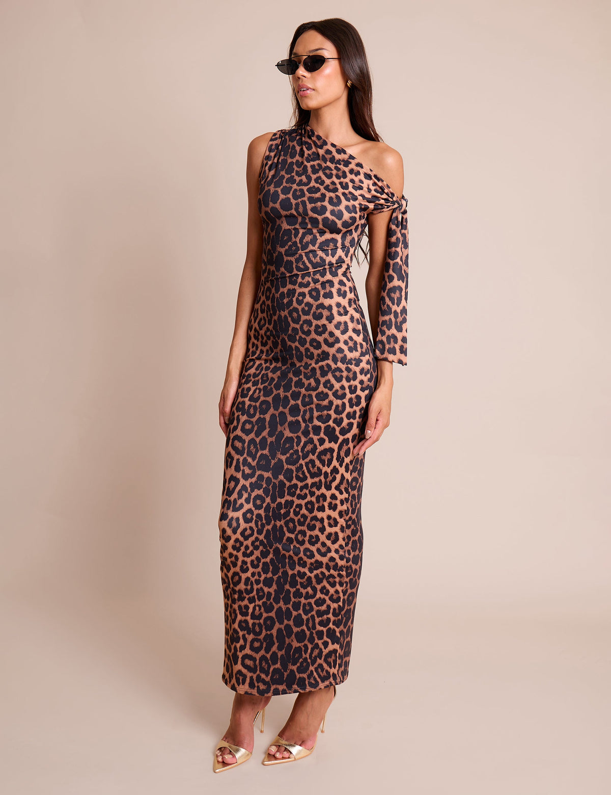 Knot Detail Asymmetric One Shoulder Luxe Slinky Maxi Dress Leopard
