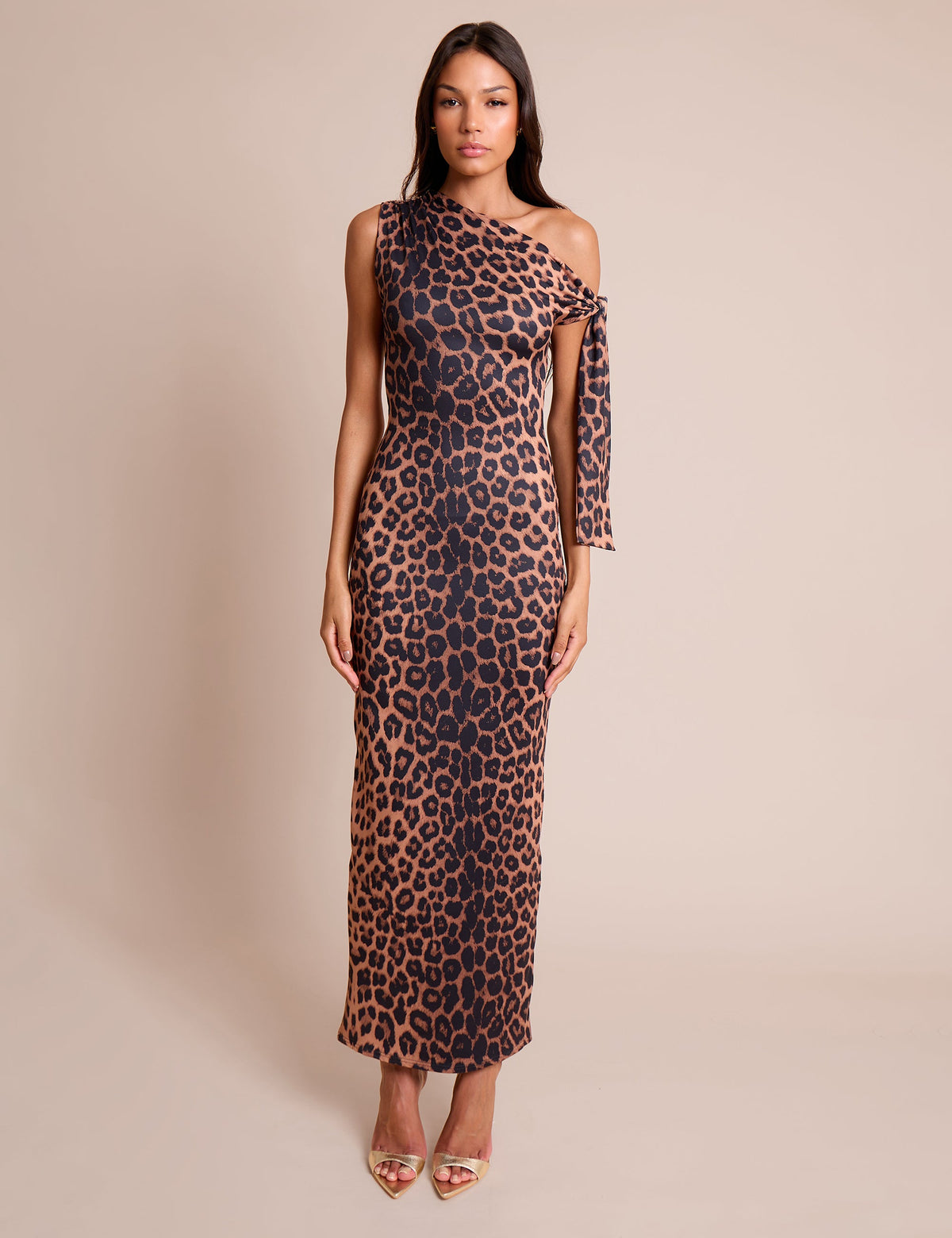 Knot Detail Asymmetric One Shoulder Luxe Slinky Maxi Dress Leopard