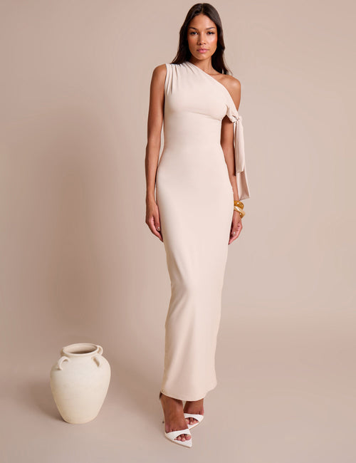 Knot Detail Asymmetric One Shoulder Luxe Slinky Maxi Dress Stone