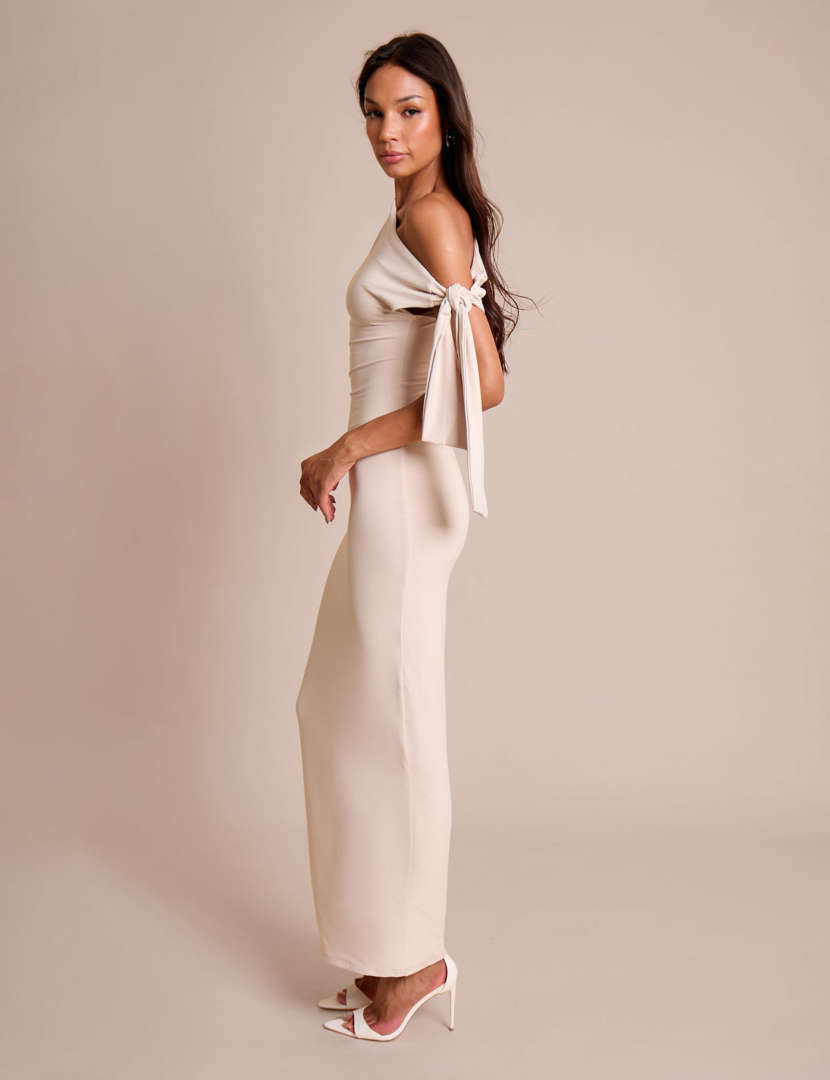 Knot Detail Asymmetric One Shoulder Luxe Slinky Maxi Dress Stone