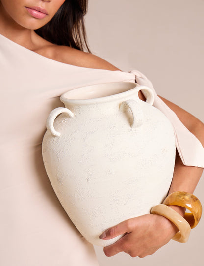 Knot Detail Asymmetric One Shoulder Luxe Slinky Maxi Dress Stone