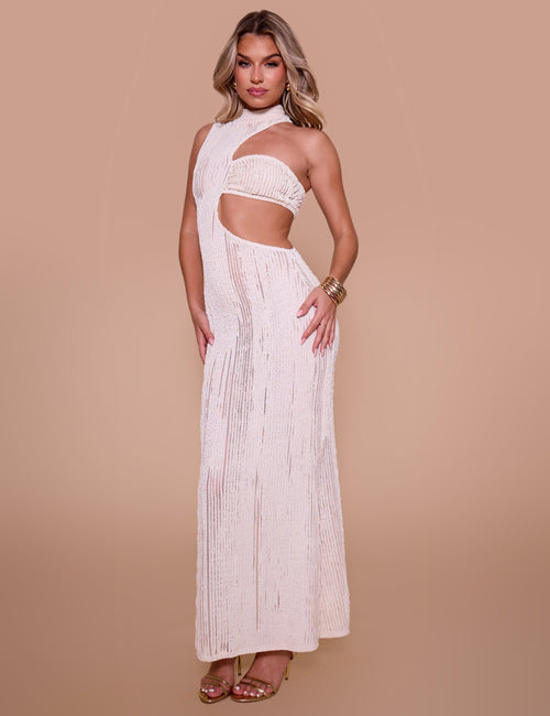 Textured Asymmetric Cut Out Maxi Dress Cream