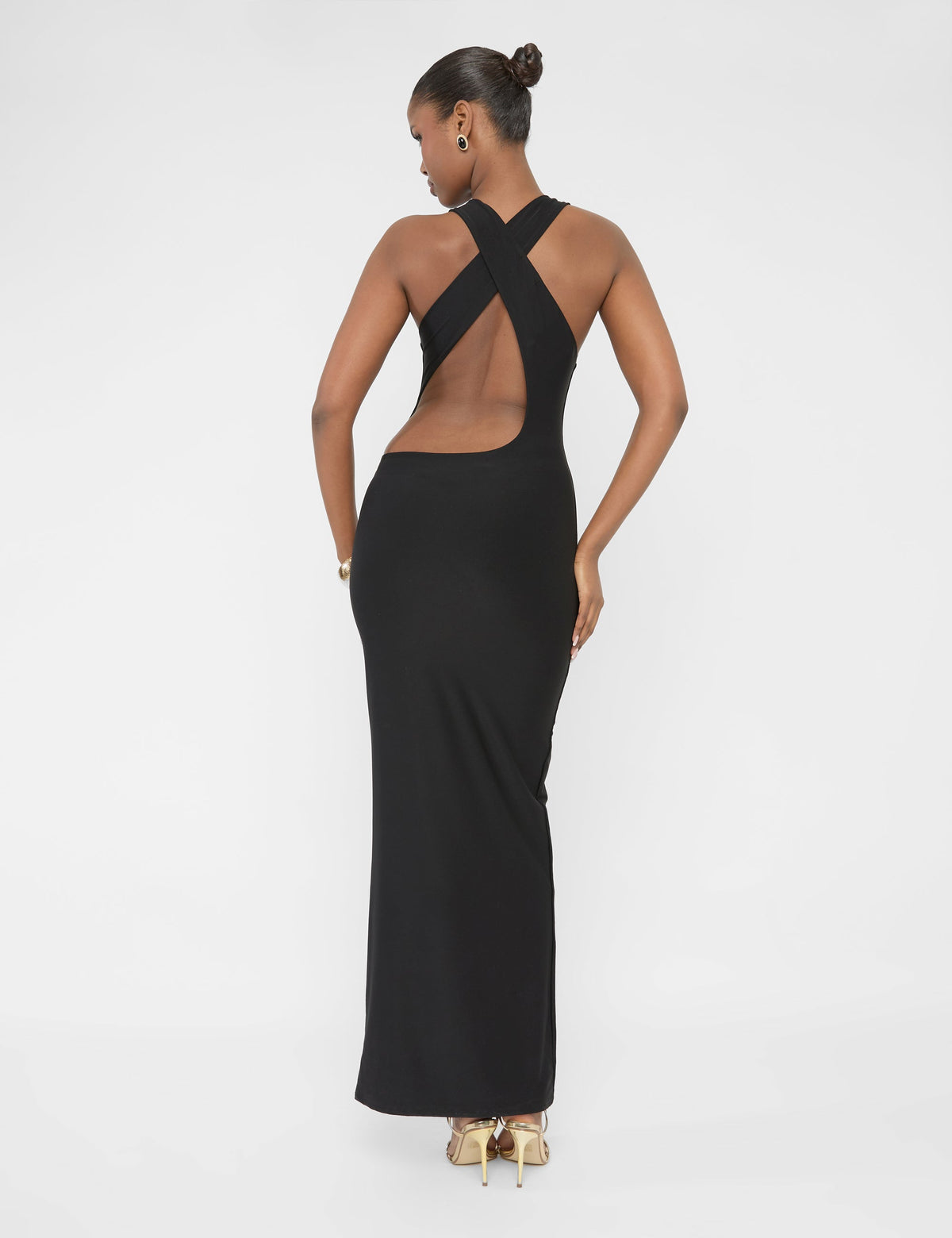 Cross Over Back Detail Luxe Slinky Maxi Dress Black