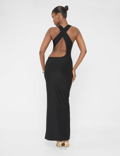 Cross Over Back Detail Luxe Slinky Maxi Dress Black