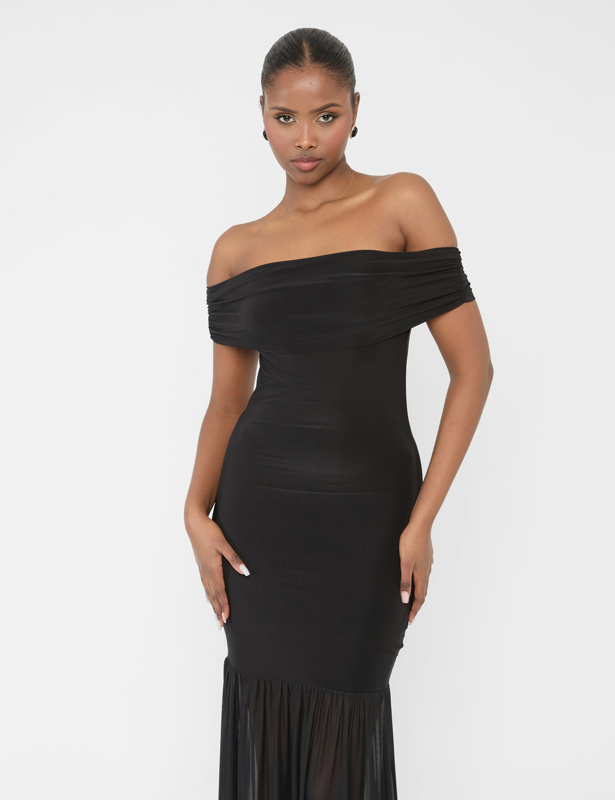 Slinky Bardot Fold Over Mesh Hem Maxi Dress Black