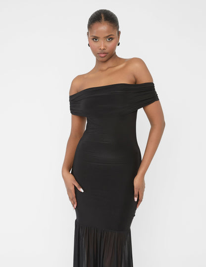 Slinky Bardot Fold Over Mesh Hem Maxi Dress Black