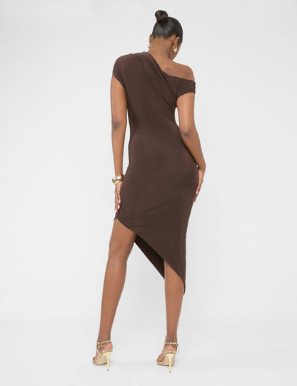 Asymmetric Off The Shoulder Drape Slinky Maxi Dress Chocolate