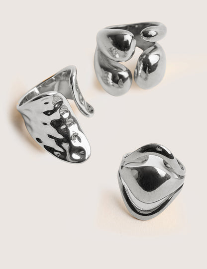 Chunky Abstract 3 Pack Classic Ring Stack Silver