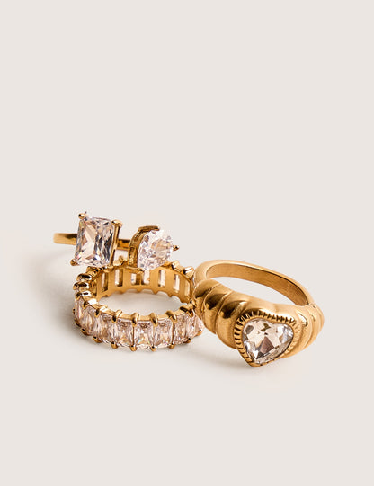 Diamante 3 Pack Jewelled Ring Set Gold