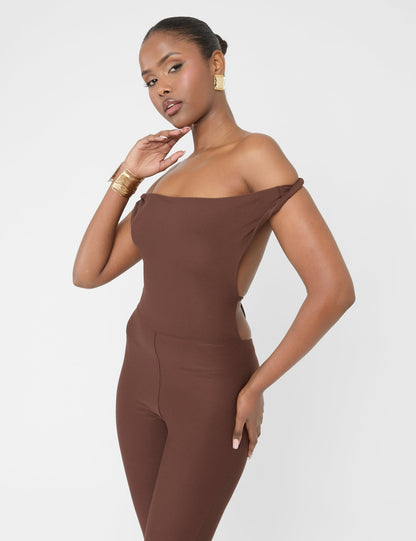 Twist Back Detail Off The Shoulder Luxe Slinky Jumpsuit Brown